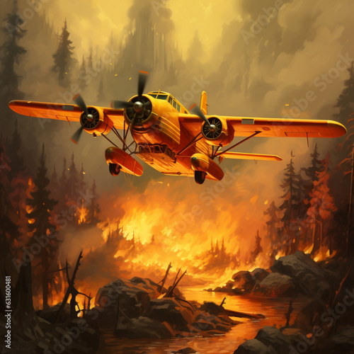Plane in a forest fire. Generative AI.