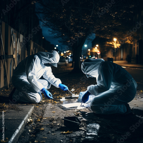 Forensics taking evidence from a crime scene. Scientific police. Generative AI.