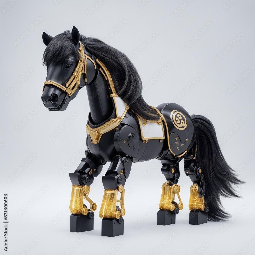 cute tiny black and golden robotic horse, white background Generative AI cute tiny black and golden robotic horse, white background Generative AI