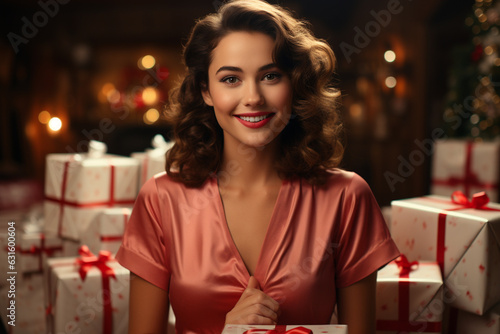 Stylish woman wrapping holiday gift box at home