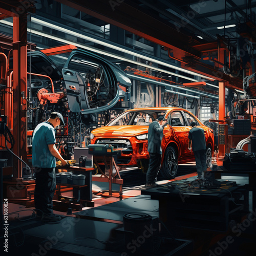 Workers working in a car factory. Generative AI.