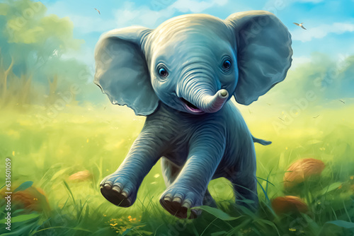 illustration of a happy little elephant playing with a soccer ball on a green lawn