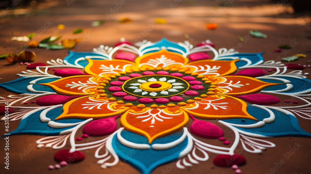 Mandala-Inspired Rangoli in Vibrant Hues, Creating a Mesmerizing Effect 