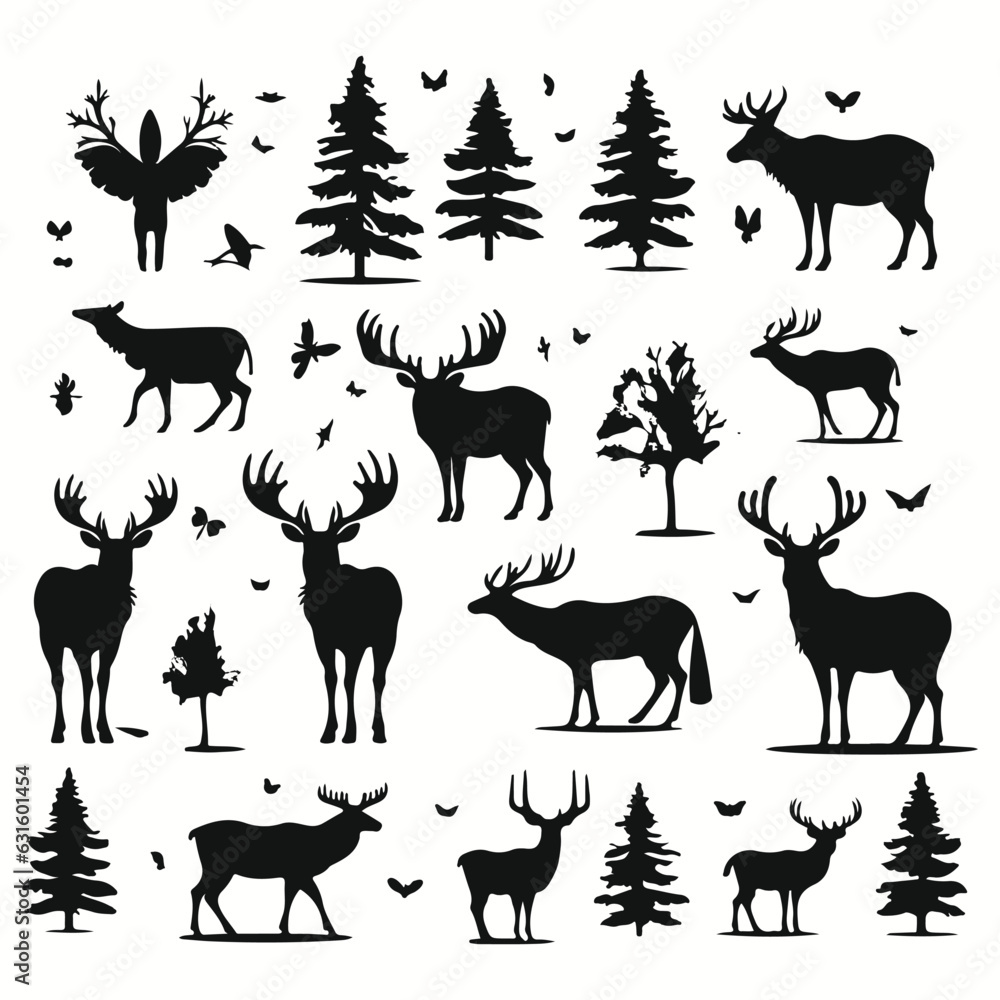 Obraz premium Moose silhouettes and icons. black flat color simple elegant Moose animal vector and illustration. 