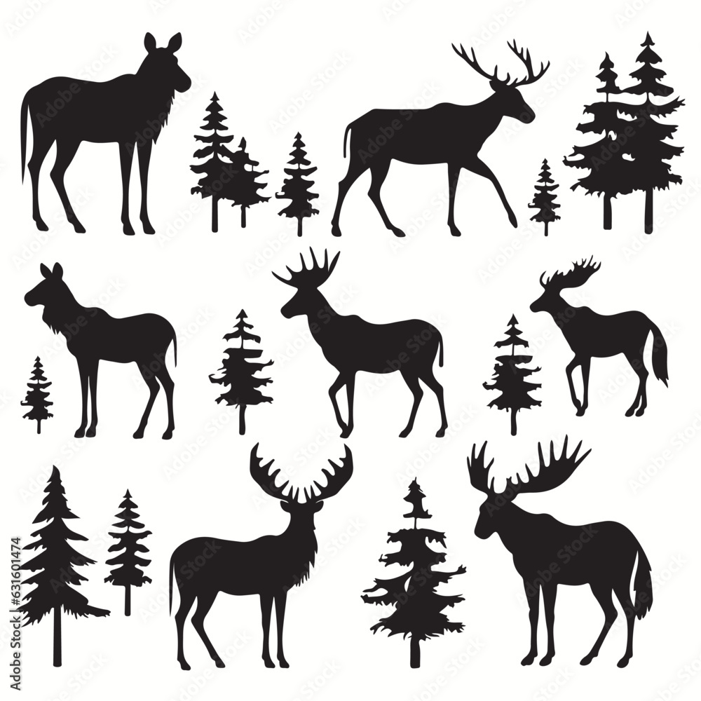 Fototapeta premium Moose silhouettes and icons. black flat color simple elegant Moose animal vector and illustration.