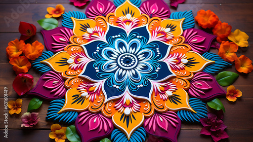 Mandala-Inspired Rangoli in Vibrant Hues, Creating a Mesmerizing Effect 