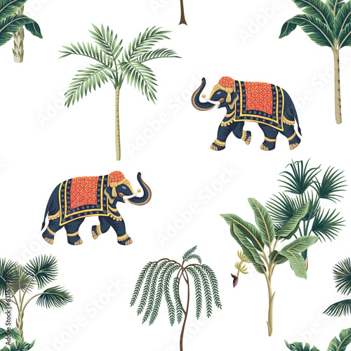 Indian elephants with palms seamless pattern. Oriental wallpaper.