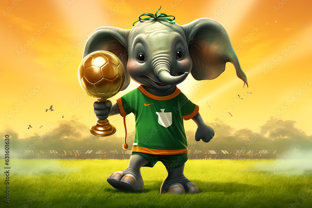 happy little elephant, wearing a soccer jersey in the colors of the republic of côte d'ivoire, receiving the soccer world cup trophy, in a soccer stadium - obrazy, fototapety, plakaty 