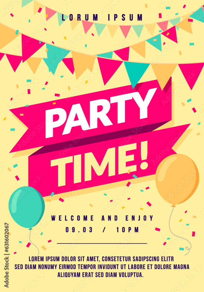 Colorful Party Time Poster With Balloons And Garland - obrazy, fototapety, plakaty 