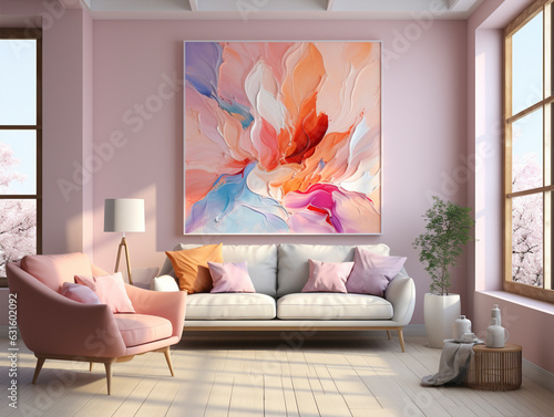 Wall Art in living room, Wall art mockup, Art wall in modern living room, dressable art wall mockup photo