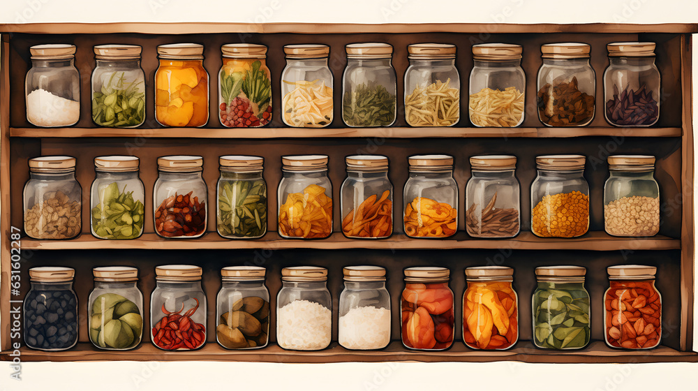 A neatly organized pantry with jars of various spices A neatly organized pantry with jars of various spices