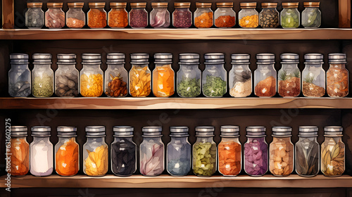 A neatly organized pantry with jars of various spices