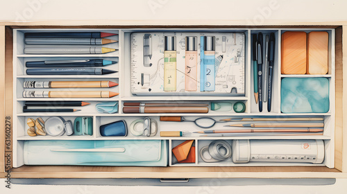 A neatly organized drawer with various office supplies