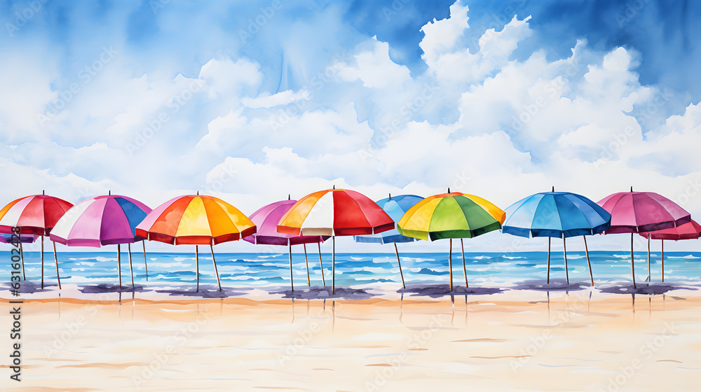 Beachside Bliss: Watercolor-Style Row of Colorful Umbrellas!