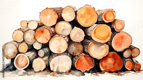 Cozy Warmth  Watercolor-Style Pile of Perfectly Stacked Firewood Logs 