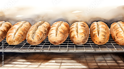 Artisanal Bliss: Watercolor-Style Row of Freshly Baked Bread Loaves on a Cooling Rack!