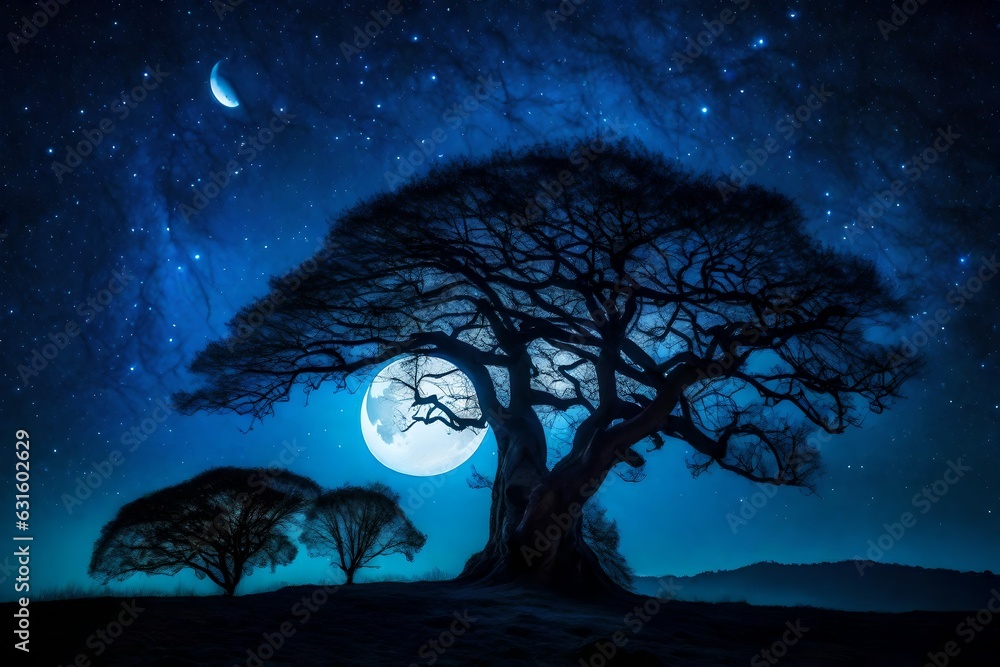 A big majestic tree at night with a blue moon - AI Generative