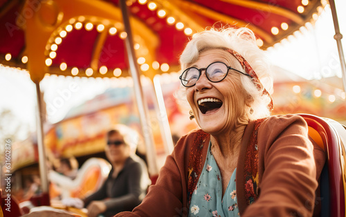 An image freezes a moment in time, showcasing the delight and exhilaration of an elderly woman as she immerses herself in the lively ambiance of an amusement park. Generative AI © Vagner Castro