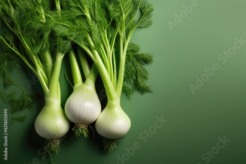 Fresh fennel bulbs on green background. Copy space for your texrt photo