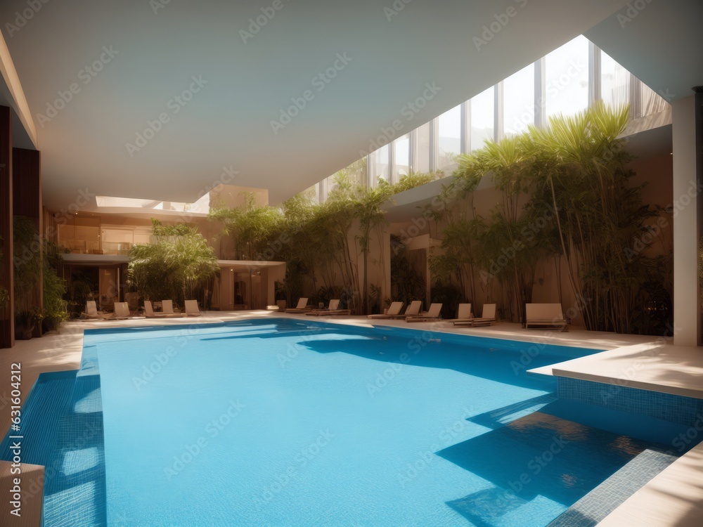Luxury resort interior. Fancy swimming pool in an atrium hotel. Golds and blues