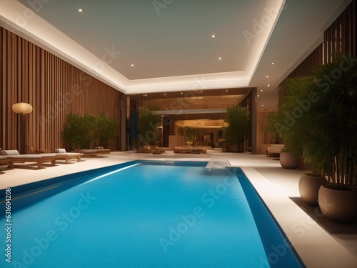 Luxury resort interior. Fancy swimming pool in an atrium hotel. Golds and blues