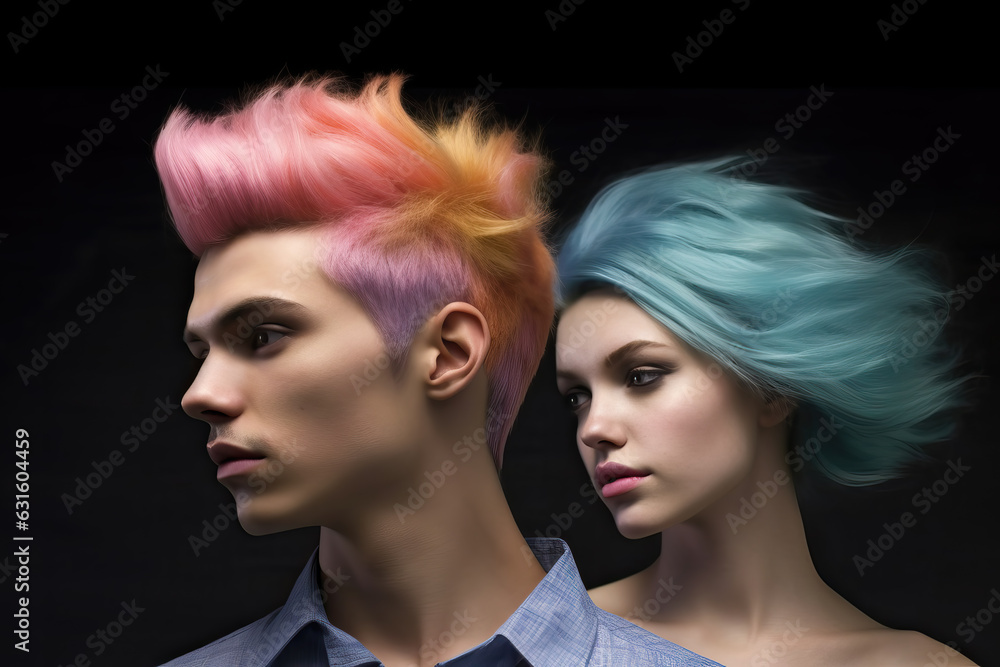 portrait of young couple with colorful hair, ai generated