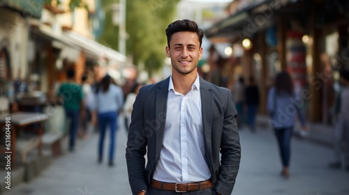 Young smiling professional uzbek man standing outdoor on street and looking at camera photo