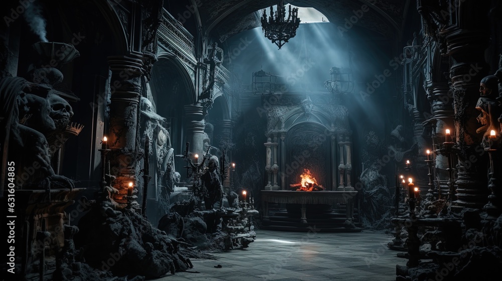 A Scary Interior Design of an Abandoned Medieval Castle lighted by some Candles.