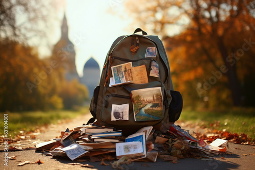 Travel and lifestyle concept. Abstract traveler old and vintage backpack with postcards and other travel requisites. Generative AI