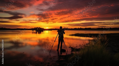 Adobe Stock Contributor Photographer Catching the Perfect Moment of the Sunset. Amazing effect of the Reflection of the Clouds on the Lake.