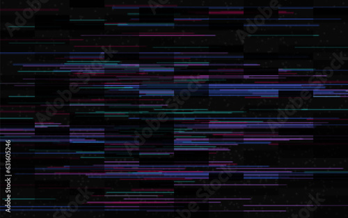 Glitch effect. Color glitched lines. Digital video error. Dark cyberpunk background. Random glowing shapes. Modern playback bug. Dynamic stripes and pixels. Vector illustration