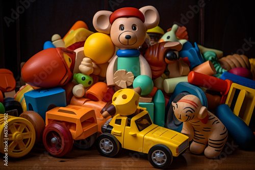 Pile of various wooden and colorful children toys background with copy space. Generative AI