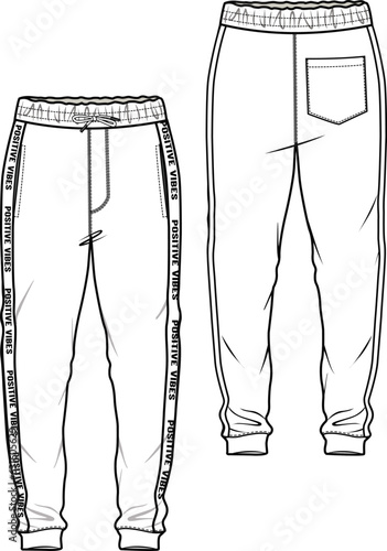 FRENCH TERRY JOGGERS WITH SIDE TYPO TEXT TAPING DETAIL DESIGNED FOR MEN YOUNG MEN AND TEEN BOYS IN VECTOR ILLUSTRATION