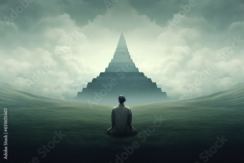 Surreal states of mind and meditation concept. Man silhouette sitting and meditating in surreal landscape with copy space. Minimalist geometric shapes and forms in background. Generative AI