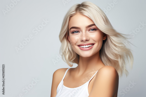 Fotografia Beautiful blonde girl on white background, cosmetics beauty skin care salon adve