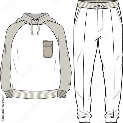 CONTRAST RAGLAN SLEEVES HOODIE PAIRED WITH MATCHING  JOGGERS COORDINATE SET DESIGNED FOR MEN YOUNG MEN AND TEEN BOYS IN VECTOR ILLUSTRATION