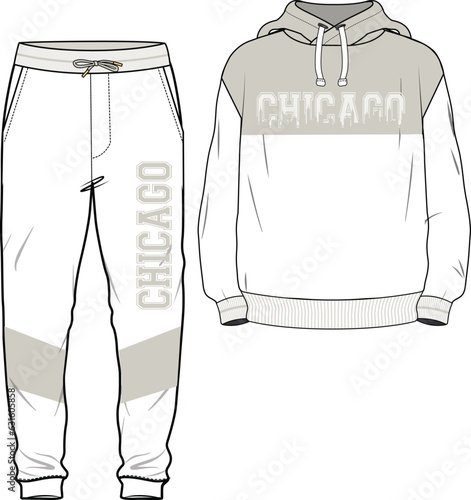CUT AND SEW PANEL COLOR BLOCK JOGGER AND SWEAT SHIRT COORDINATE SET DESIGNED FOR MEN YOUNG MEN AND TEEN BOYS IN VECTOR ILLUSTRATION