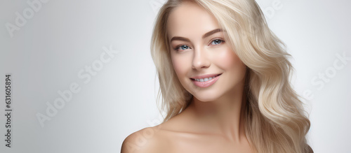 Beautiful blonde girl on white background, cosmetics beauty skin care salon advertisement baner 