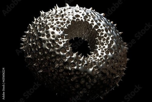 Surreal and abstract background concept. Silver object with tonal fractal debris pattern in the surface on black background with copy space. Generative AI