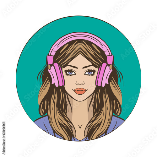 Beautiful girl with long hair in pink headphones. Call center employee, support service. Round icon, emblem, portrait. Vector illustration