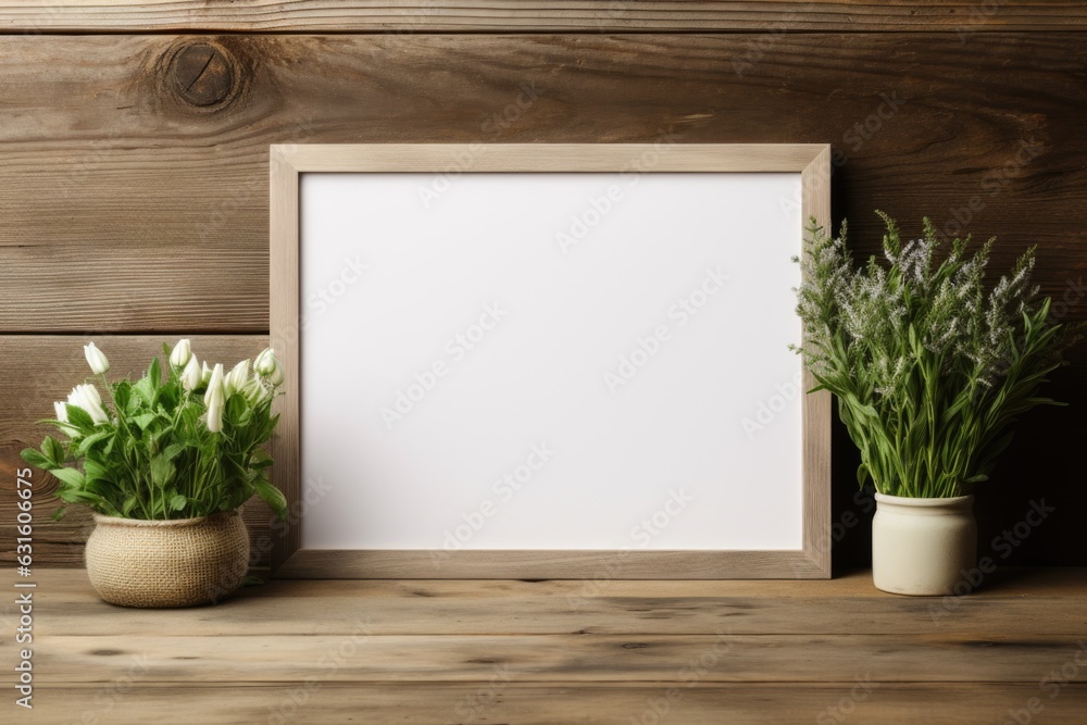 Fototapeta premium mockup frame, On a weather-beaten wooden table sits a frame of similar material, its simplicity elevated by a cluster of bright green herbs. Generative AI