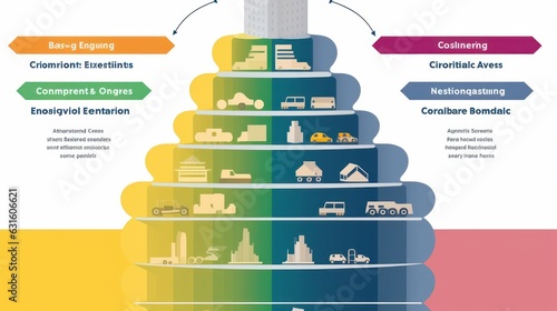Schematic chart with different levels illustrating energy consumption and carbon dioxide emissions in various human activities. Renewable energy and recycling. Layout, infographics. photo