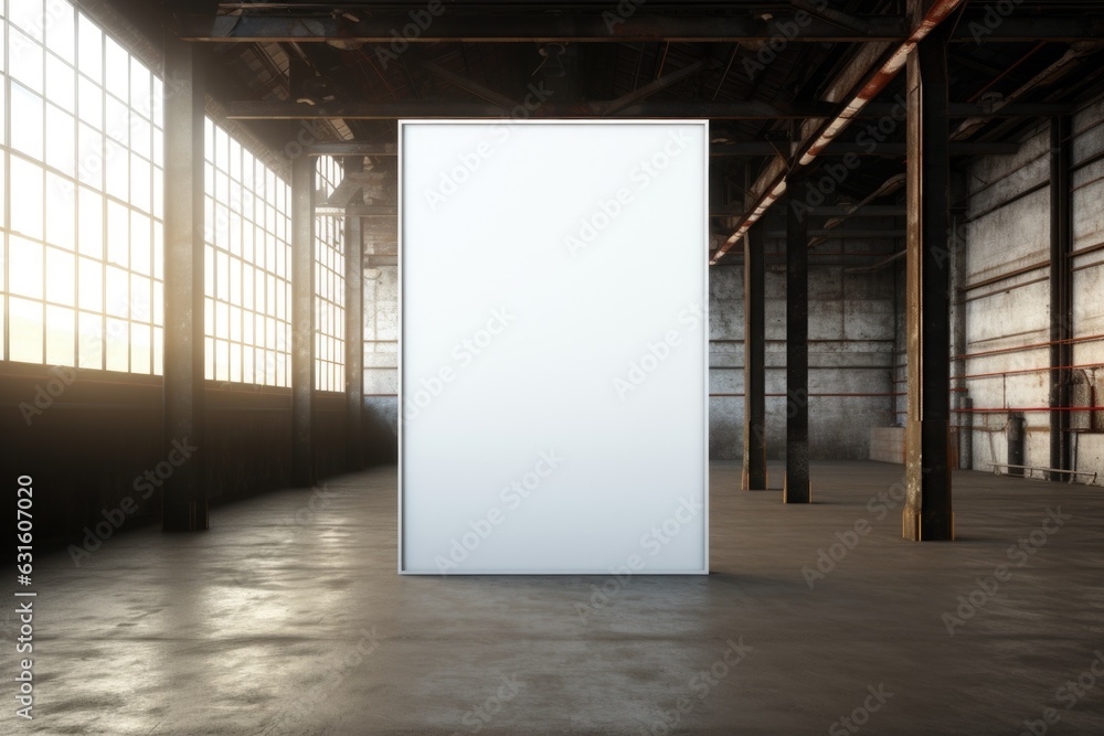 A dramatic, oversized mockup frame positioned on a metallic industrial floor, creating a captivating visual contrast. Generative AI A dramatic, oversized mockup frame positioned on a metallic industrial floor, creating a captivating visual contrast. Generative AI