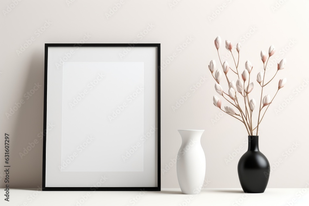 Mockup frame, Modern and Chic: Black Mockup Frame on a White Minimalist Table. Generative AI Mockup frame, Modern and Chic: Black Mockup Frame on a White Minimalist Table. Generative AI