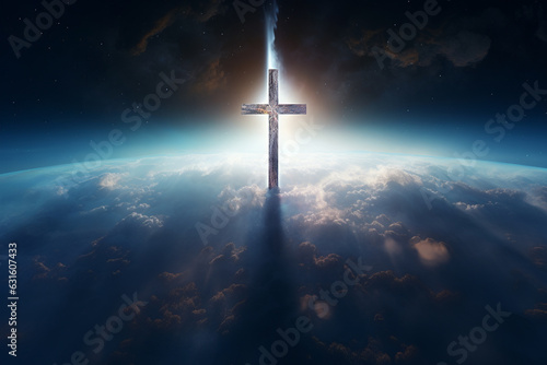 Culture and religion concept. Glowing catholic cross above planet Earth and surrounded clouds. Minimalist and surreal sacral illustration. Generative AI © Rytis