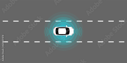Smart Car with Remote Sensing and Sensor System. Driverless or Autonomous Car on the Road. Vector Illustration.  
