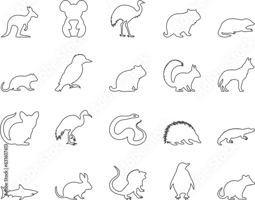 Animals of Australia Icons Set. Kangaroo, Koala, Emu. Editable Stroke. Simple Icons Vector Collection