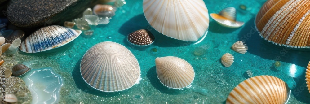 Ocean water and mollusk shells close up. Intricate seashells on seashore. Colorful summer vacation design elements. Various cockleshell for tropical cruise banner Ocean water and mollusk shells close up. Intricate seashells on seashore. Colorful summer vacation design elements. Various cockleshell for tropical cruise banner