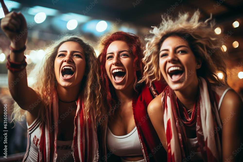 Women's football fans having fun cheering their favorite team Soccer sport entertainment concept made with AI generative technology
