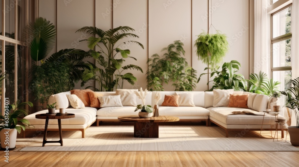 Cozy elegant boho style living room interior in natural colors. Comfortable corner couch with cushions, many houseplants, wooden coffee table, rug on wooden floor, home decor. 3D rendering.